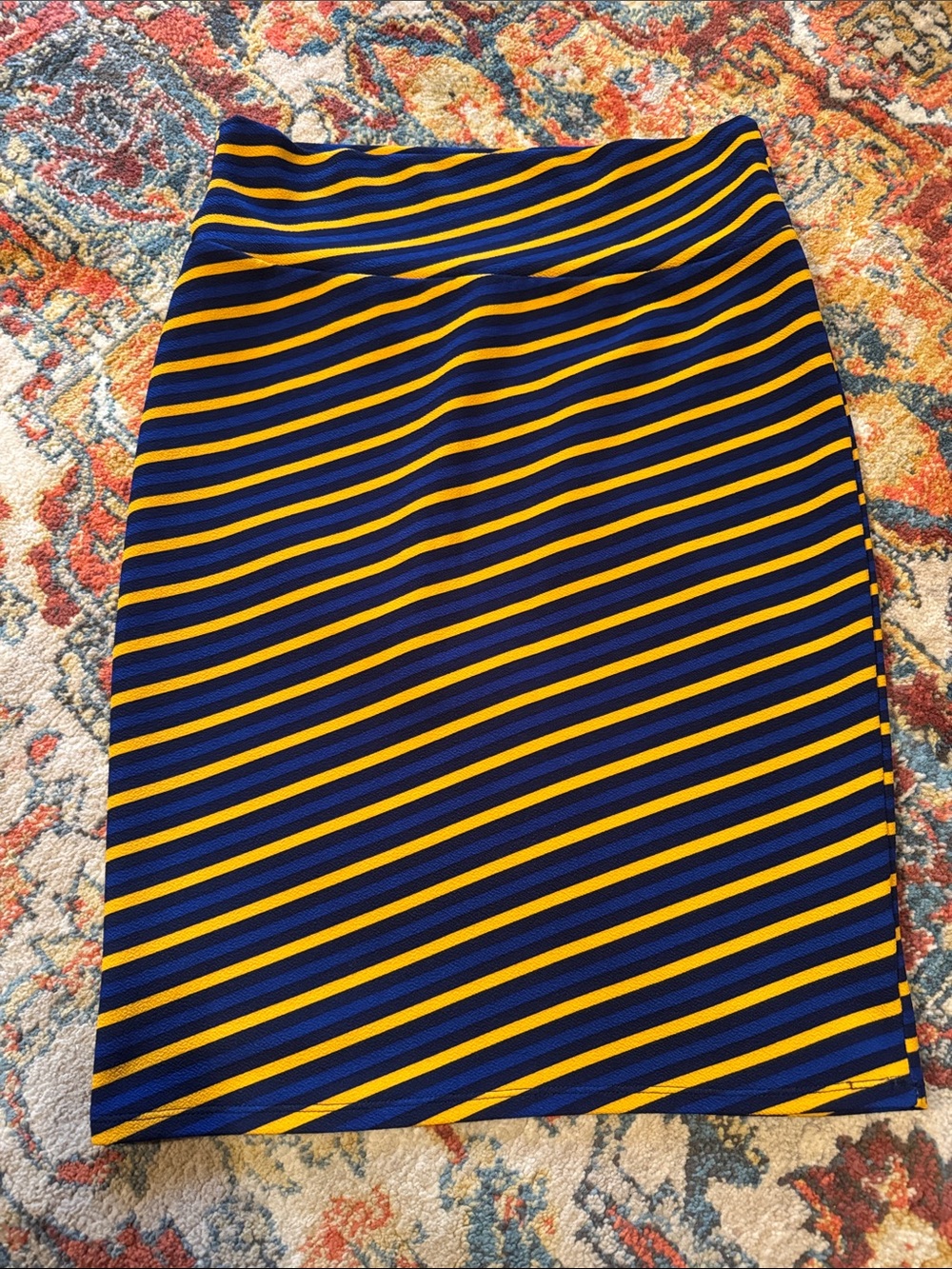 LuLaRoe Navy and Yellow Diagonal Stripe Pencil Skirt